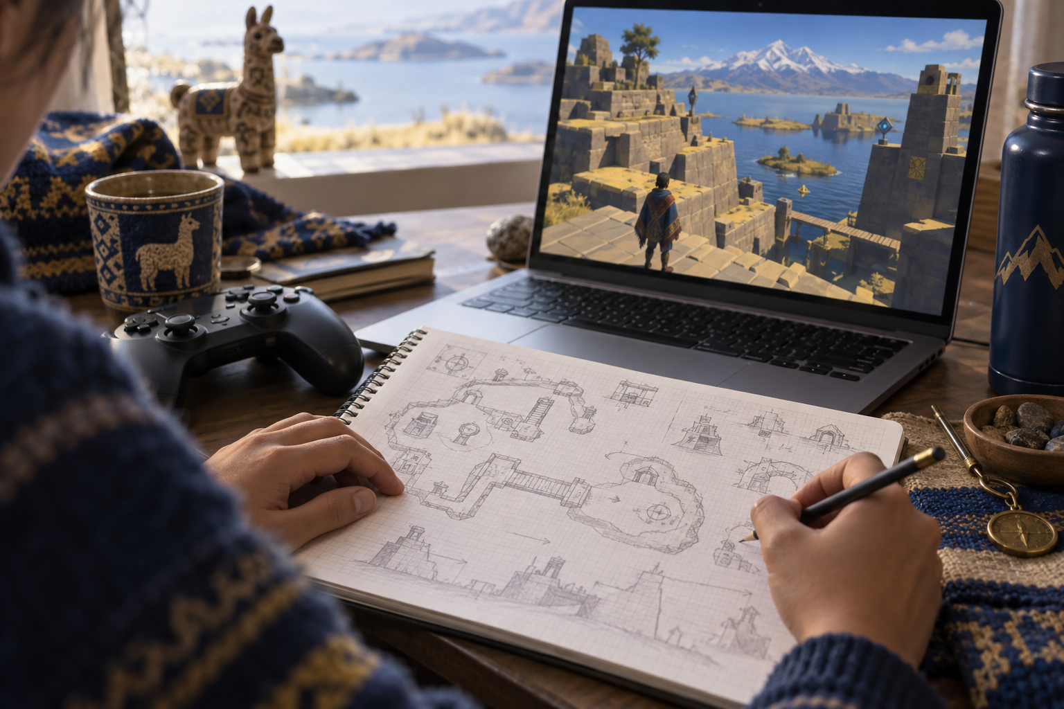 Boceto de un nivel de videojuego con paisaje andino en una computadora